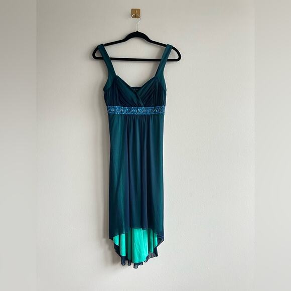 Y2K Teal Blue Hi-Lo Dress | Sheer Overlay Sequins | Size M Winter Formal - Picture 1 of 8